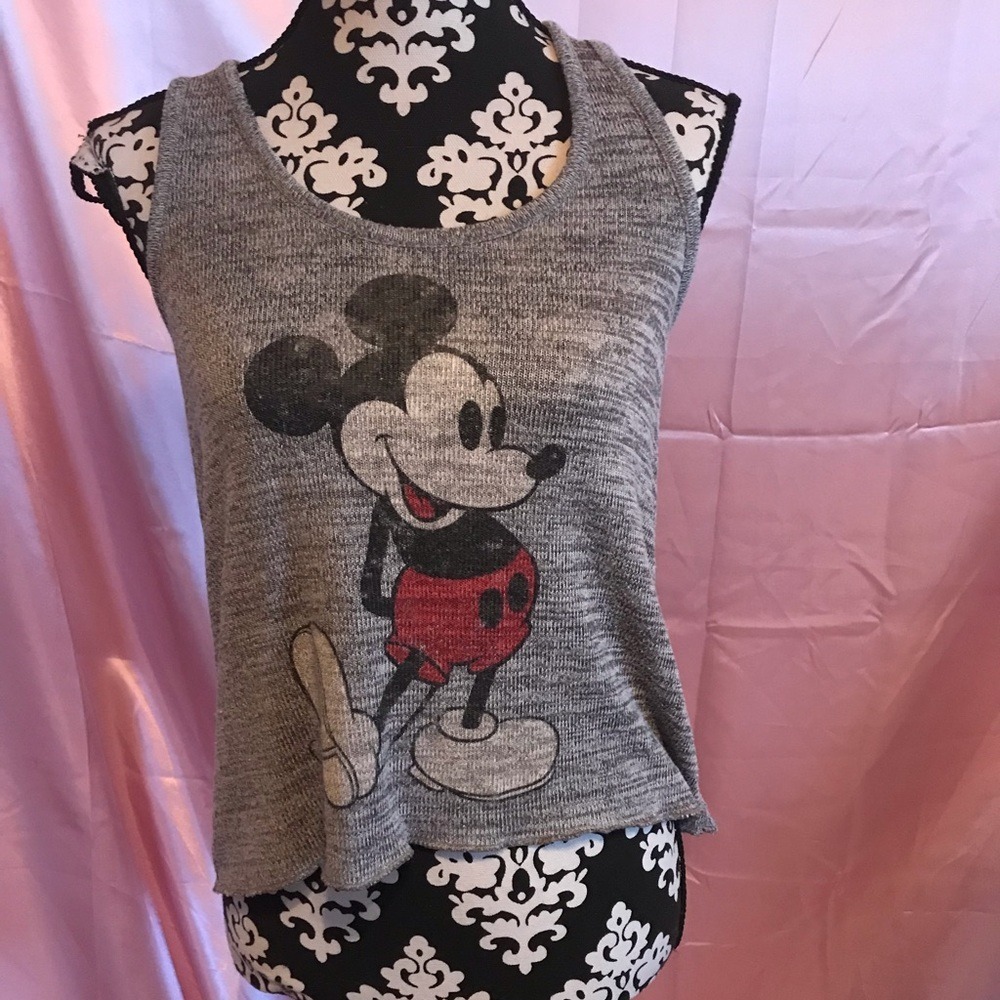 Disney Mickey Mouse tank racerback slight crop cute heathered grey soft - Picture 2 of 5